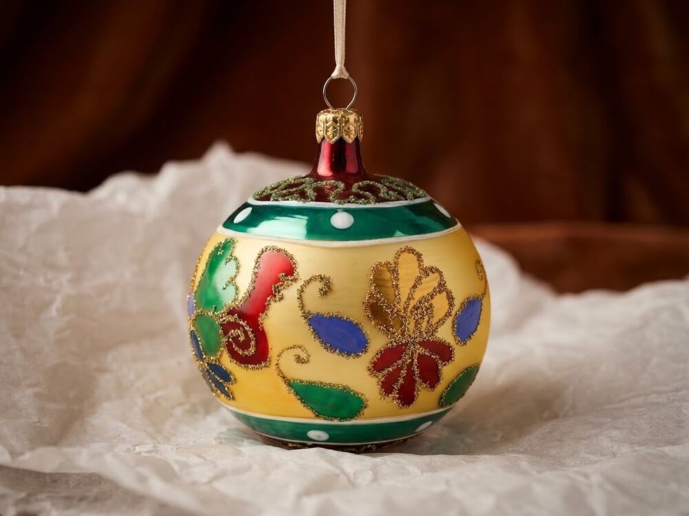 Vintage Hand Blown Glass Christmas Ornament, 4 Inch Polish Hand Painted Ball